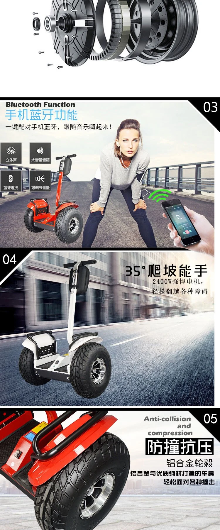 Large Wheel 16 Inch Two Wheel Stand up Balance Gyro 2000W 72 Volt Electric Scooter 72V