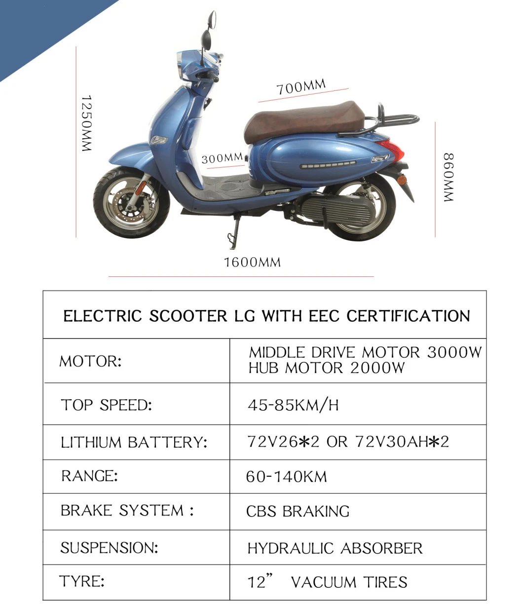 Red & Blue Colored Electric Scooter 2000W with Lithium Battery Made in China